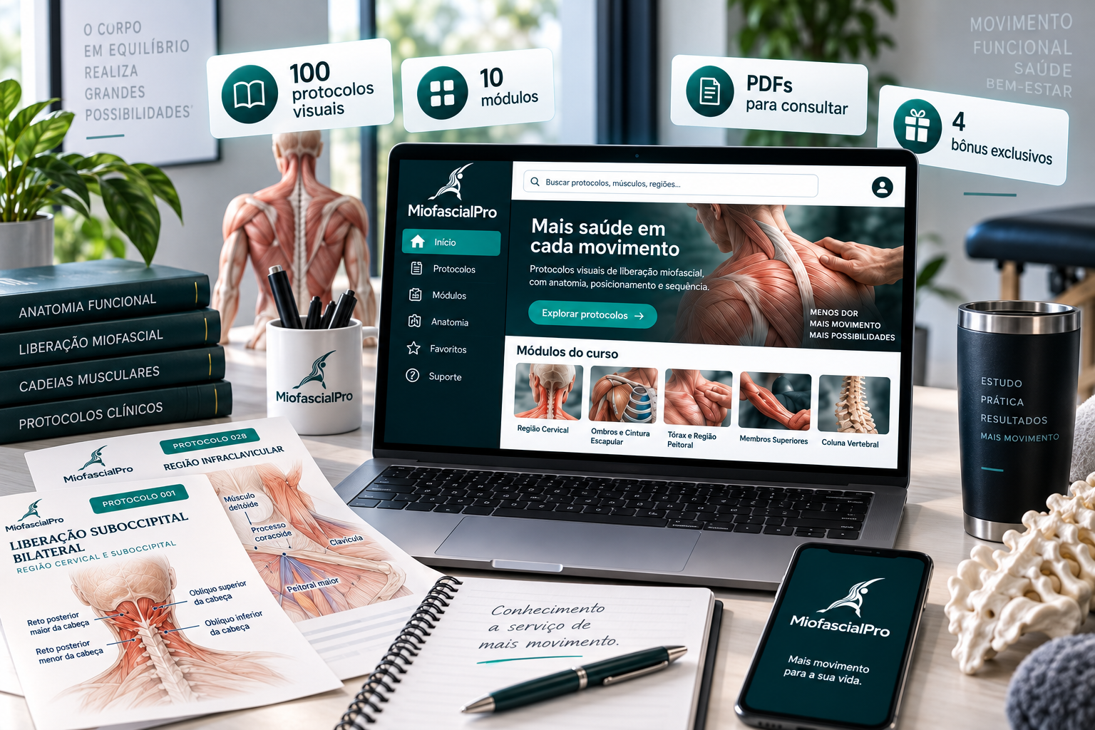 Ficha visual do MiofascialPro com referência anatômica, posicionamento e sequência ilustrada